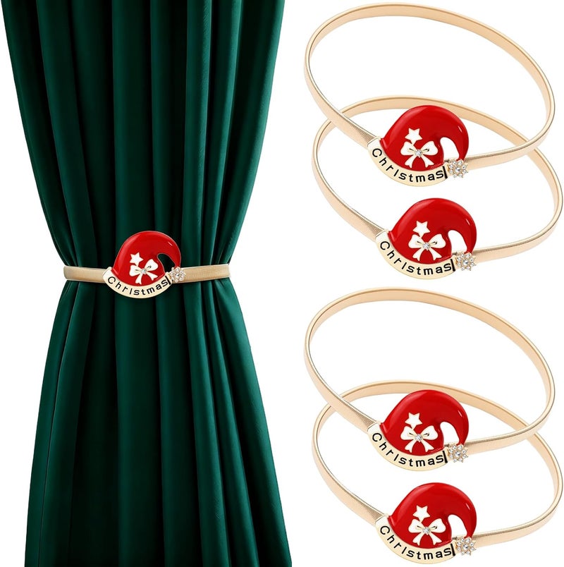 LLPMutu 4 Pack Christmas Curtain Tieback Buckle Aluminum Alloy Spring Design Curtain Holdback Carving Design Christmas Curtain Ties for Drapes Curtain Ties Backs Modern Christmas Decor (Hat) - Image 1